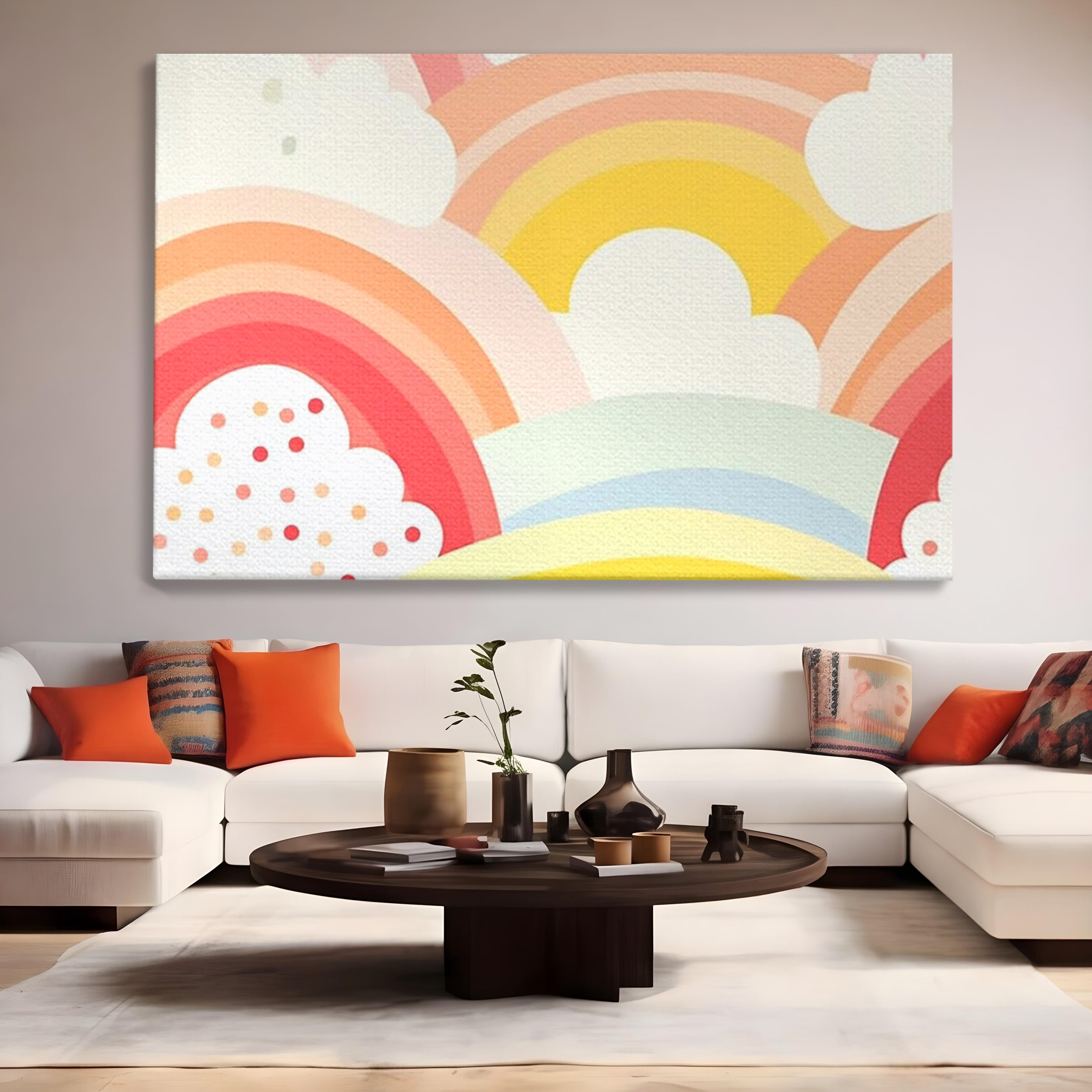 Tablou canvas cu ilustratie digitala cu curcubeu pastel si nori, fara rama, pe sasiu de lemn, pe perete intr-un living